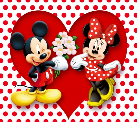 Happy Valentine's Day! - red, flower, minnie mouse, dot, cute, mickey mouse, love, yellow, white, bow, heart, couple, disney