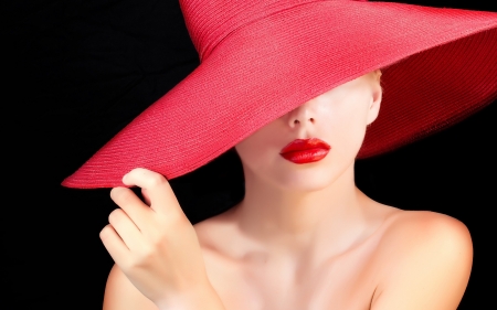 Beauty - hat, girl, beauty, black, lips, red, woman, model, lipstick