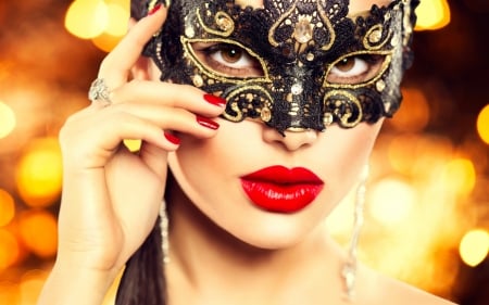 Beauty - face, red, black, model, mask, yellow, lipstick, girl, golden, lips, bokeh, woman