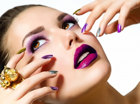 Beauty - girl, beauty, pink, lips, make-up, purple, nails, woman, model, ring, face, lipstick