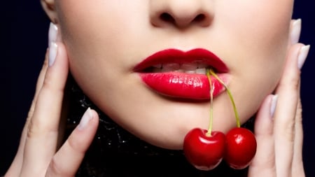 Red - face, red, black, lipstick, girl, mouth, fruit, lips, cherry, woman