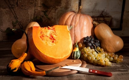 Still Life - autumn, cooking, harvest, pumpkin, squash, grapes, food, gourds