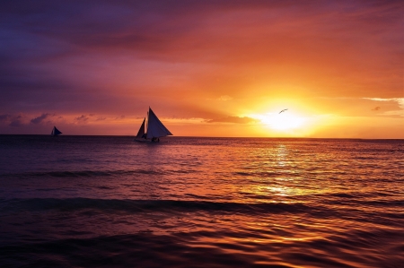 Sunset - sky, sea, sun, boat