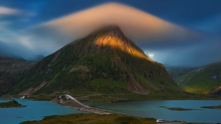 fantastic mountain landscape - cloud, sunlight, bridge, inlet, mountain