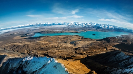 turquoise lake under huge mountain range - lake, turquoise, foothills, montains