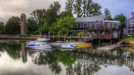 boats at a private dock hdr - boats, river, shore, hdr, dock, home