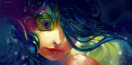 Peacock Girl - pretty, female, beautiful, serene, girl, feather, lovely, fairie, elf, fantasy, digital, art