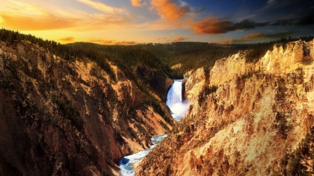 Lower Falls of the Yellowstone River - sky, yellowstone, mountains, sunset, waterfall, forest, clouds, yellowstone falls, colors