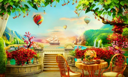 Rest in paradise - summer, balloon, beautiful, ship, table, rest, flowers, view, lake, paradise, sky