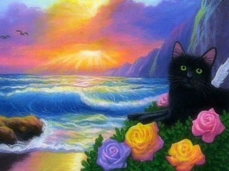 Cute Black Kitten - art, roses, cat, animal, sunset, kitten, waves