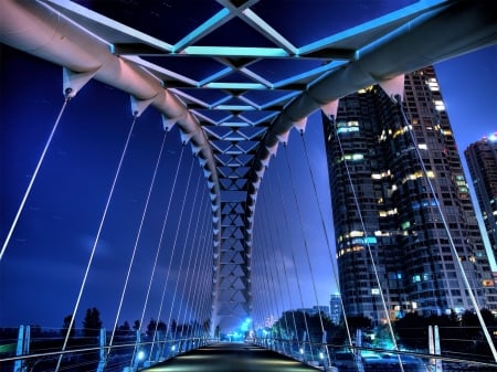 wonderful bridge in toronto at night hdr - cables, stars, river, night, city, hdr, bridge