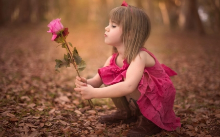 Cute Little Girl - pink dress, girl, rose, flower