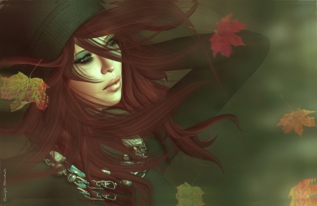 Autumn girl - woman, autumn, rendering, redhead, girl, hat, leaf, fantasy, red