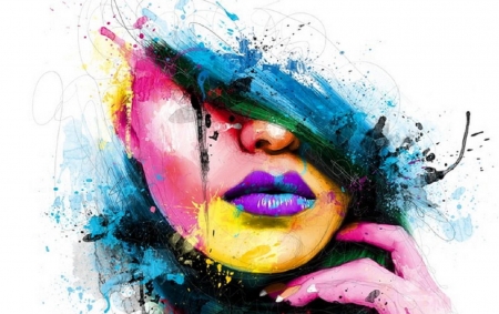 Abstract face - face, purple, pink, yellow, abstract, blue, art, white, fantasy, lips, woman