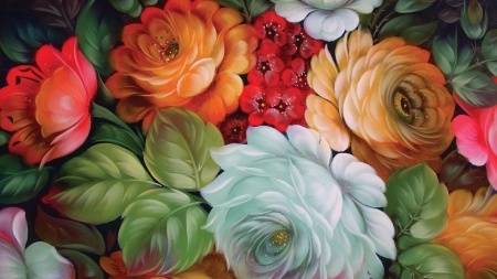 Roses - rosu, red, flower, rose, trandafiri, art, white, portocaliu, pictura, alb, flori, verde, orange, painting, green