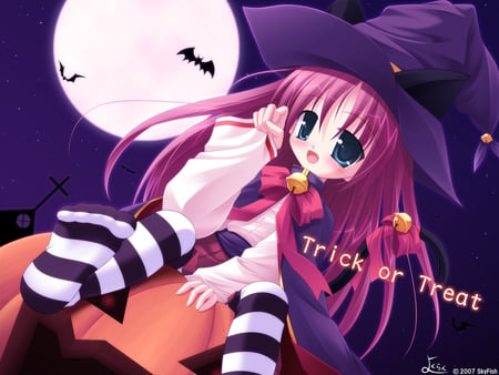 A Little Trick or Treater - moon, halloween, witch, pumpkin, blushing, smile, bat, anime girl