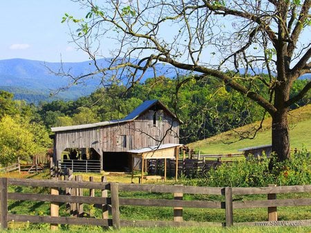 Farm Building - trees, fencing, acreage, mountains, farm, building