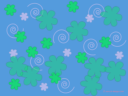 Flowers and Swirls - flowers, pink swirls, blue background