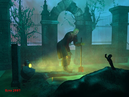 The Gravedigger - arch, graveyard, gates, light, shovel, digging, grave