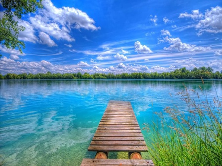 Paradise View - clouds, water, blue, grass, ocean, skies, view, green, lake, paradise, sky