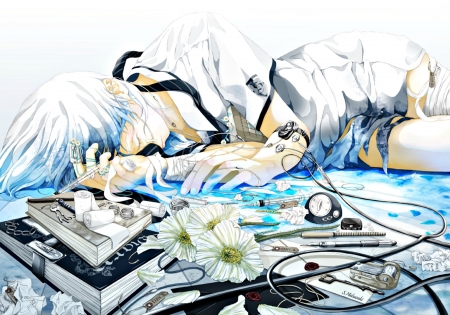 Tired - anime, blue, books, flower, boy, watch, manga, stuff, white, brtabby