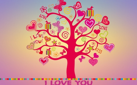 I love you tree - red, pink, bird, spring, yellow, card, fantasy, valentine, butterfly, heart, texture, tree