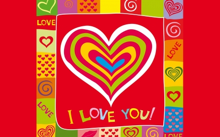 I love you - heart, yellow, blue, love, pink, colorful, red, green, word, valentine, card