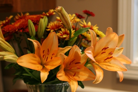 Autumn Colors - flowers, blossoms, lilies, petals, bouquet, gerbera