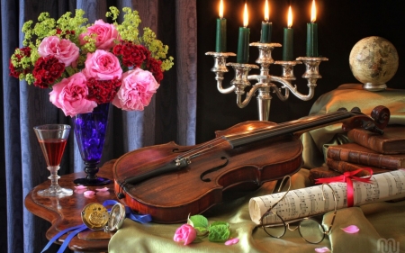 Still Life - sweet music, glasses, violin, book