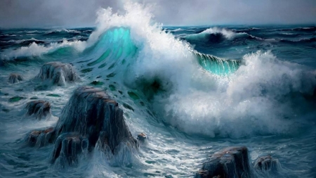 Waves crashing between rocks - ocean, splash, rocks, waves