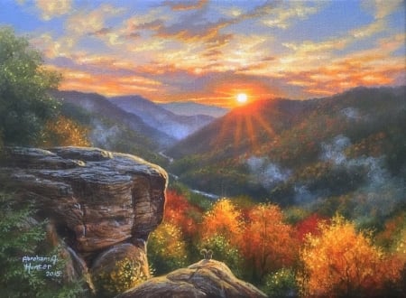 Autumn Sunrise - attractions in dreams, paintings, little squirrel, sunrise, colors, fall season, nature, autumn, mountains, love four seasons, rocks