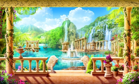 Paradise view - fountain, beautiful, terrace, mountain, flowers, nature, waterfall, view, garden, lake, paradise