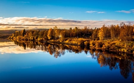 Autumn Reflection - sky, lake, house, clouds