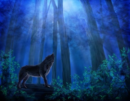 Howling at the moon - forest, wolf, moon, howling, night, art