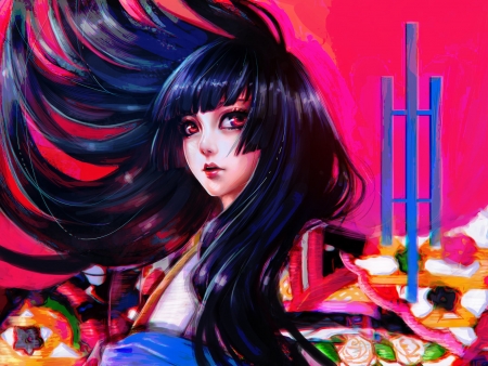 Girl - anime, blue, girl, pink, black, manga, fantasy, maika sozo, art