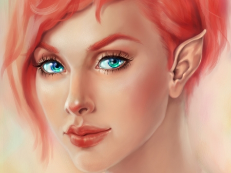 Elf girl - face, pink, elf, girl, eyes, blue, art, fantasy, woman