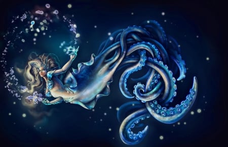 Fantasy girl - blue, girl, sea, creature, black, fantasy, underwater, woman, octopus, art, luminos