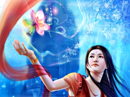 Pink lantern - lantern, fantasy, pink, game, girl, asian, woman, blue