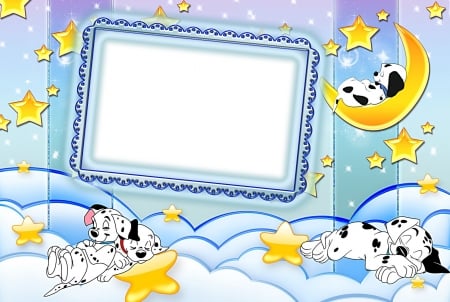 1001 Dalmatians - star, yellow, blue, dog, animal, movie, good night, puppy, card, luna, moon, frame, 1001 dalmatians, fantasy, white, cloud, cute, disney