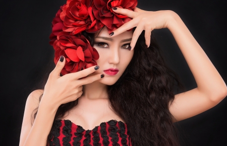 Beauty - red, flower, black, beauty, model, girl, asian, woman