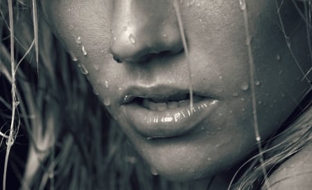 In the rain - mouth, black, lips, white, woman, water drops, rain, bw, face