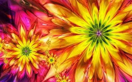 Flowers - flower, pink, illusion, yellow, abstract, orange, texture, luminos, colorful