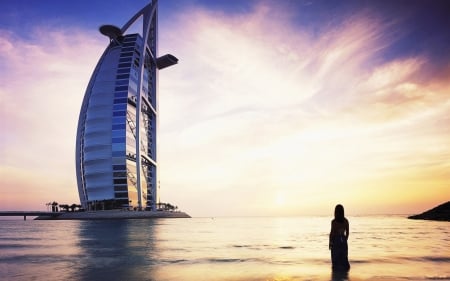 girl walking towards nurj al arab hotel in dubai - silhouette, modern, girl, hotel, sea