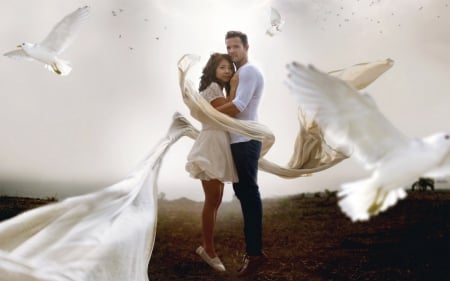 Peaceful Love - lover, wind, couple, doves