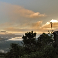 mountain cabin at sunrise