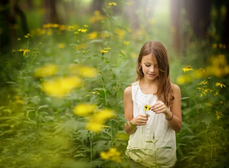 Girl daydreaming - girl, dreaming, flower, petals