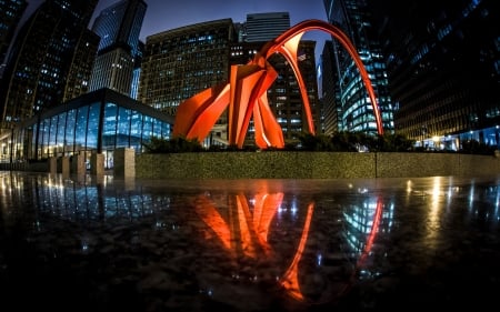 beautiful calders flamingo in chicago's federal plaza - pool, reflection, plaza, city, sculpture, night