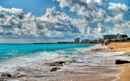 beautiful beach in cancun mexico hdr - sky, beach, surf, hotels, hdr, sea, waves