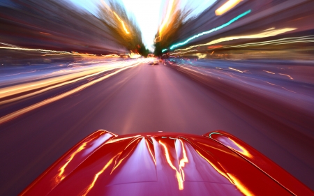 car in motion inlong exposure - long exposure, street, car, hood, lights