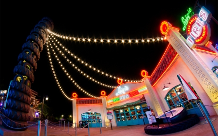 tire shoppe - lights, store, low angle, tires, night